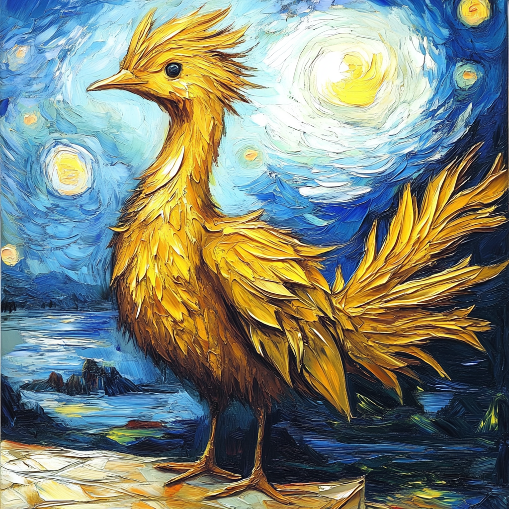 Painterly artwork of a golden chocobo under a swirling sky